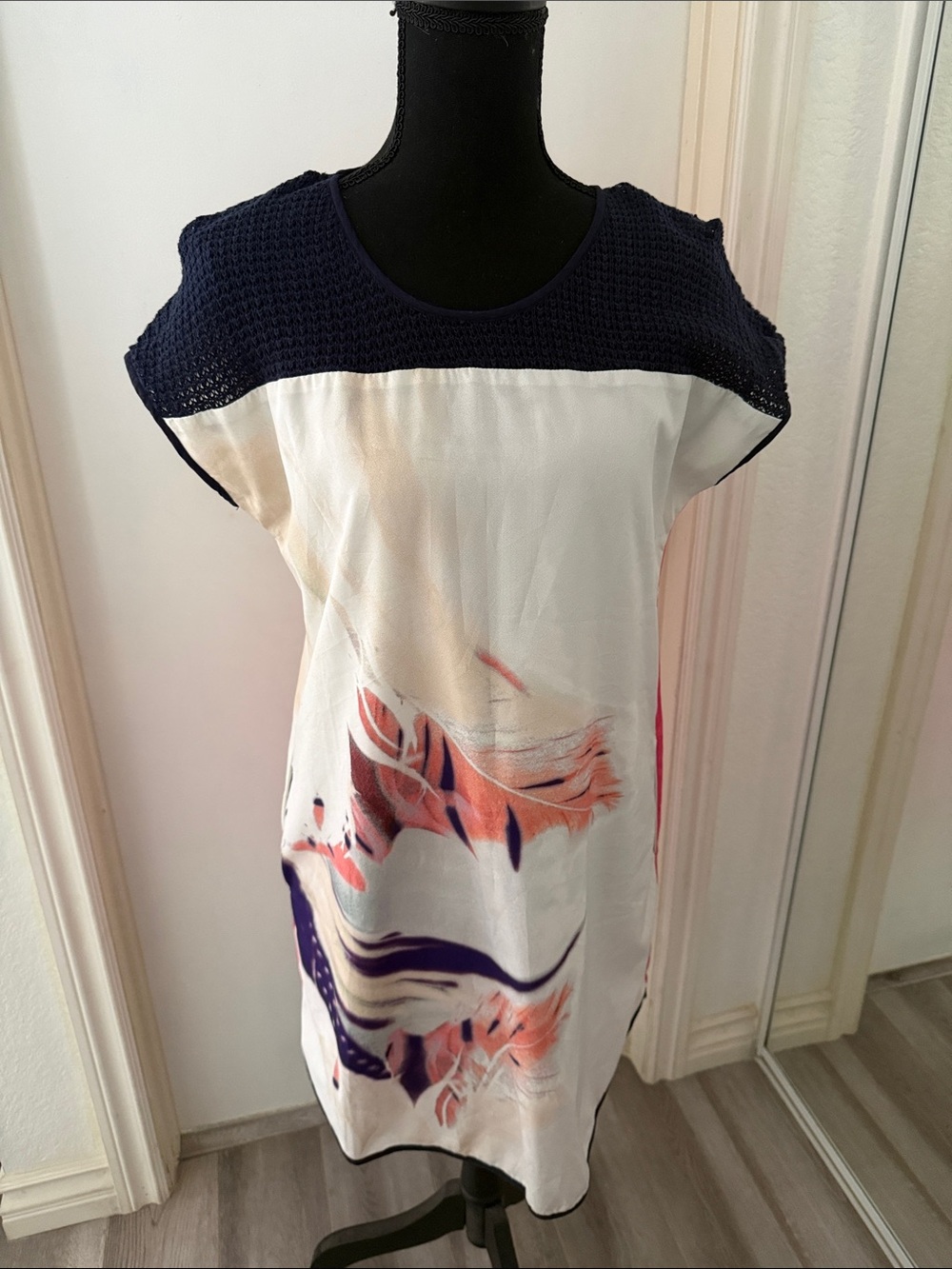 Crochet-Yoke Mini Dress in Navy and White with Coral Print